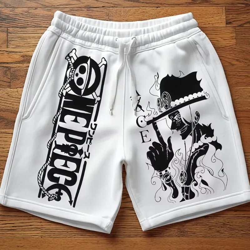 One Piece Anime Men Boy Sweat Shorts Luffy Ace Law Print Loose Casual Shorts Streetwear Hip‑Hop Gym Workout Short Pants for Fans