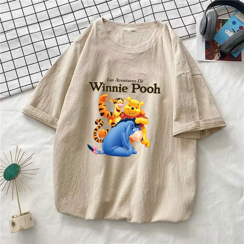 Winnie the Pooh Washed Cotton T Shirt Streetwear Short Sleeve Tshirts Men Women Summer Clothing T-shirt Tees Tops