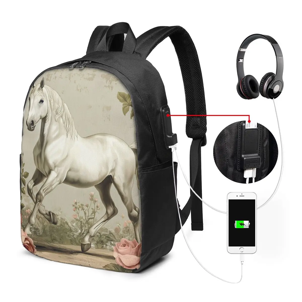Vintage Horse Running Among Green Flowers Backpack Travel Notebook Bag Computer College Student School Bag Laptop Shoulder Bags