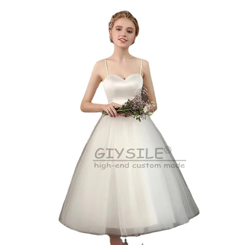 Chic Spaghetti Straps A-Line Wedding Bridal Dresses Fashion Formal Dress Sweetheart Short Formal Party Evening Gowns Customized