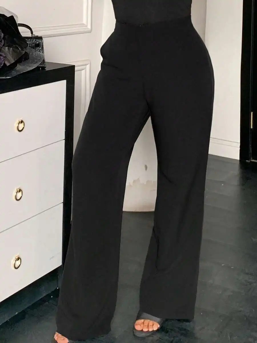 

Solid Color Loose Straight Leg Casual Black Pants For Women All Season Business Casual Dress Pants