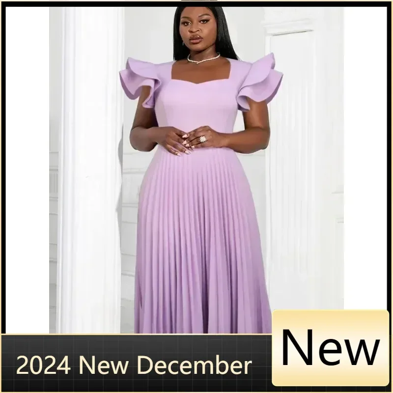 

Customized Stylish Women Pleated Party Dress O Neck Short Ruffle Sleeve Mid-Length A-Line Chic Formal Evening Celebation Event