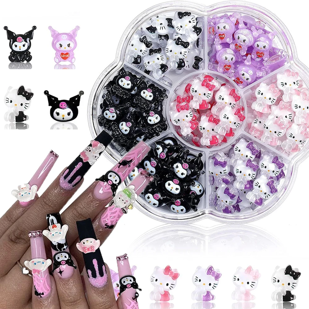70 ピース/箱クロミハローキティかわいいネイルチャームラインストーンピンクパープル 3D キティ猫漫画ヒラタネイルジュエリー DIY クラフト