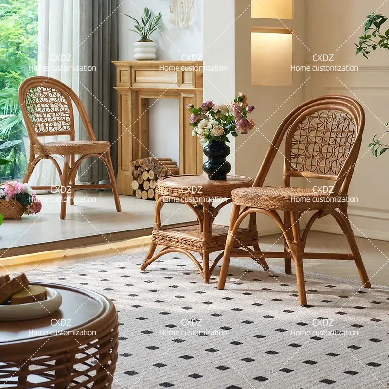 New Chinese Style Rattan Leisure Chair Hand Woven Living Room Furniture Homestay Hotel Seating with Coffee Table Combination