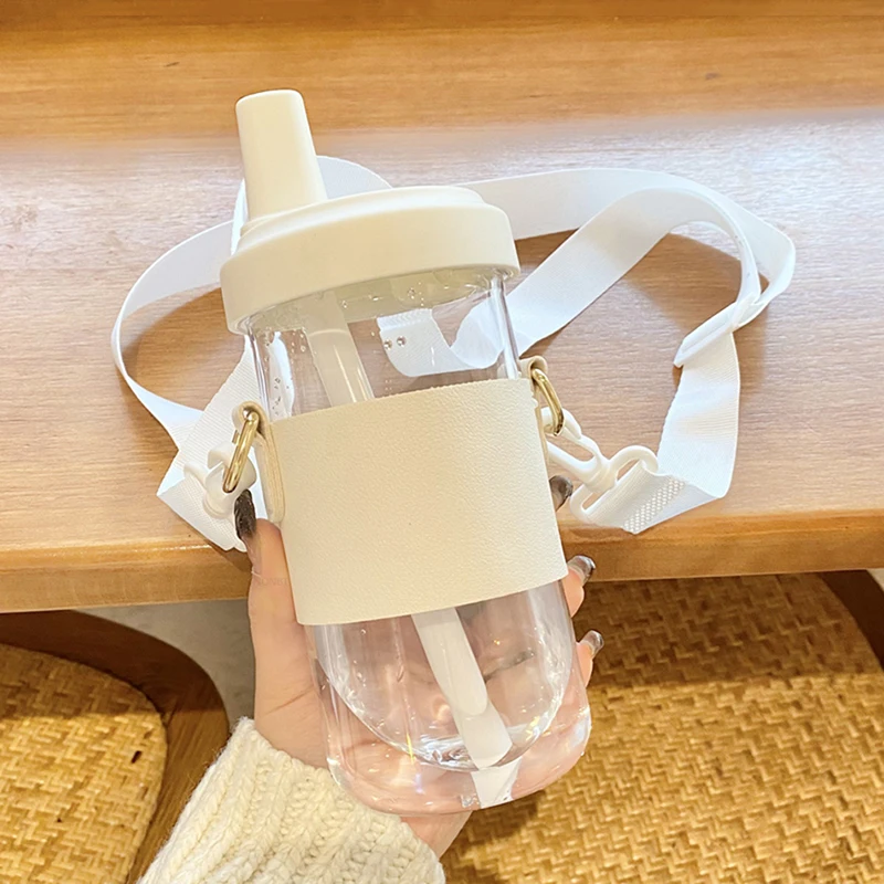 Cute Glass Water Bottle For Kids School Bubble Tea Straw Cups PU Sleeve Large Plastic Coffee Juice Girl Drinking Bottle BPA Free