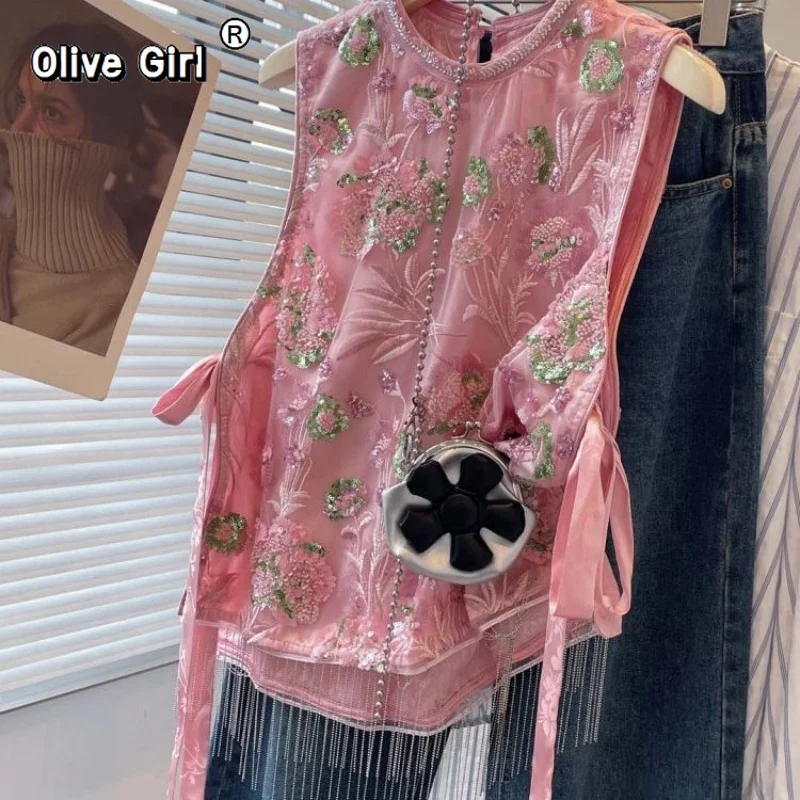 الزيتون فتاة الوردي الصينية التطريز سترة دون أكمام الدانتيل يصل الزهور سترة س الرقبة الترتر سترة معطف المرأة الجديدة تانك القمم الصيف #5
