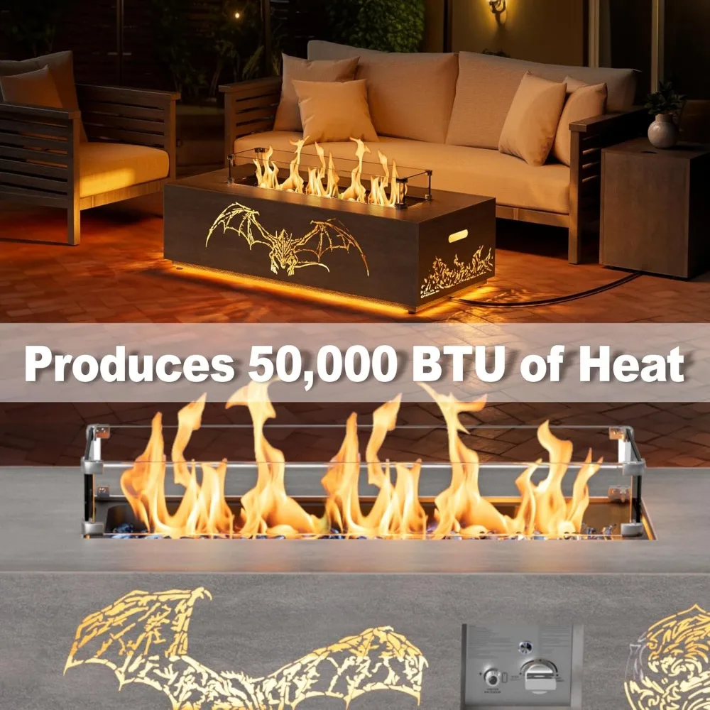 42 tavolo per braciere a propano da esterno illuminato a LED con 50.000 BTU, protezione antivento, coperchio, rocce e copertura per uso nel patio