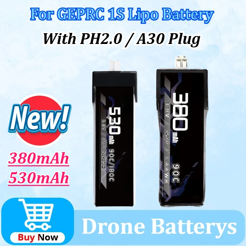 

Upgraded 3.8V 380mAh/530mAh for GEPRC PH2.0 A30 Plug 1S Lipo Battery for SMART16 Drone RC FPV Quadcopter Drone Accessories Parts