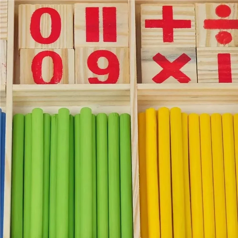 Wooden Counting Sticks Math Toys, Early Learning Box with Numbers and Operators for Kids Arithmetic Practice and Classroom Play