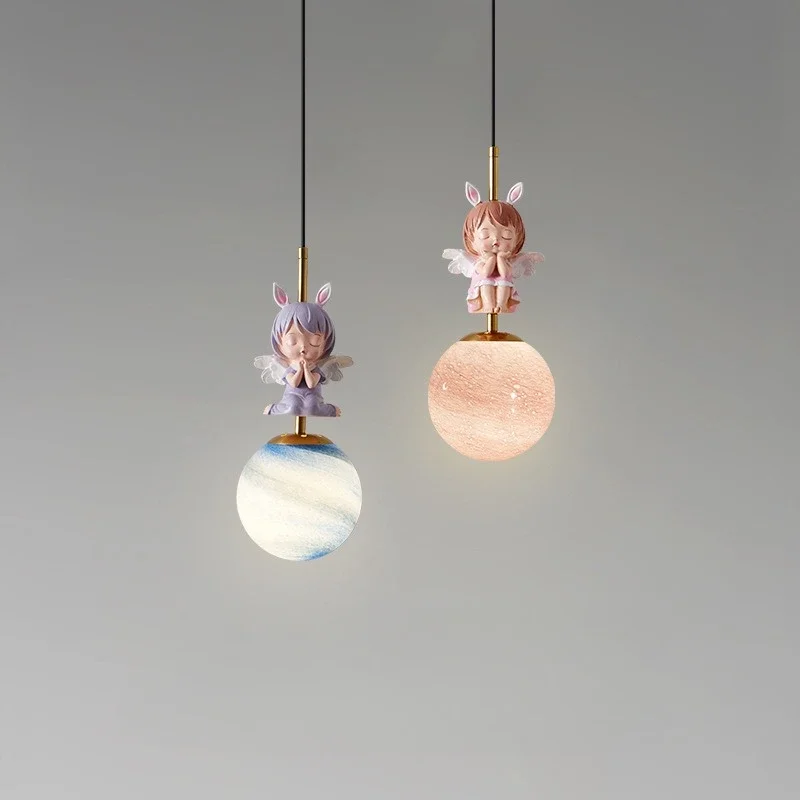 

Children's Room Bedside Chandelier Cute Modern Simple Nordic Pink Bedroom Children's Room Angel Planet LED Chandelier