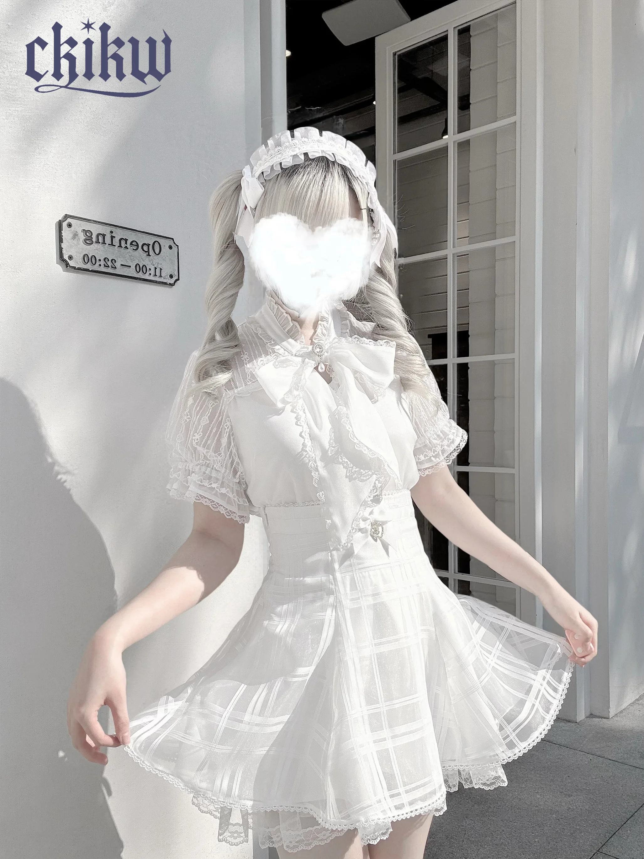 Original Subculture Mine White and Black Shirt Summer New Girls Sweet Cute Bow Short Sleeve Blouses Tops Mini Skirt for Women