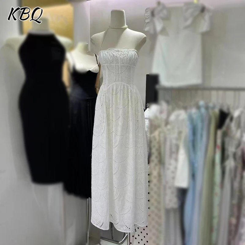 

KBQ Solid Backless Hollow Out Elegant Dresses for Women Strapless Sleeveless High Waist Temperament Dress Female Fashion Style