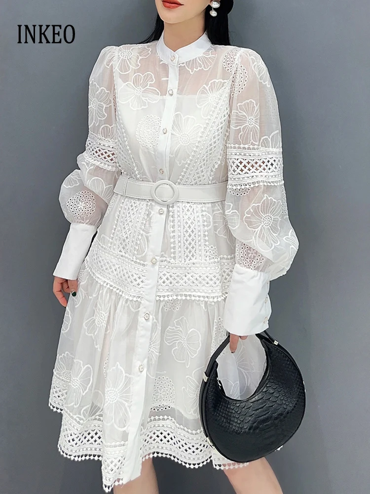 

Luxury Women Lace Shirt dress White Black 2024 New Vintage embroidery Lantern sleeve dresses with belt Sexy clothes INKEO 4D062