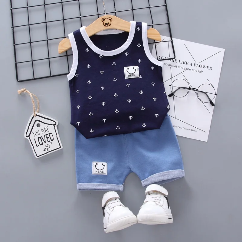 Newborn Baby Clothes Print Boys Suit Summer Baby Girl 2 Pieces Suit Sleeveless Top+ Denim Short Toddler Boy Set Cotton Outfits