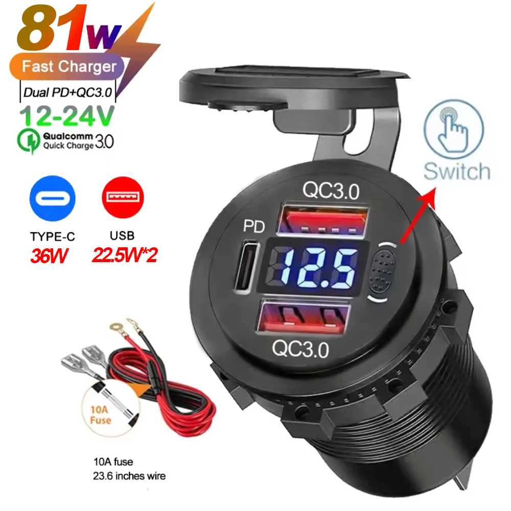 NEUE 117 W Dual PD Dual QC 3,0 USB Auto Ladegerät mit Voltmeter Buchse Steckdose Adapter Wasserdicht für 12 V/24 V Auto Boot Heißer Verkauf