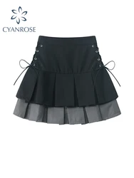 Women's Pleated Skirt Kawaii Gothic Black Mini Skirt Korean High Waist Y2k Harajuku Vintage Bandage A-line Skirt Clothes Summer