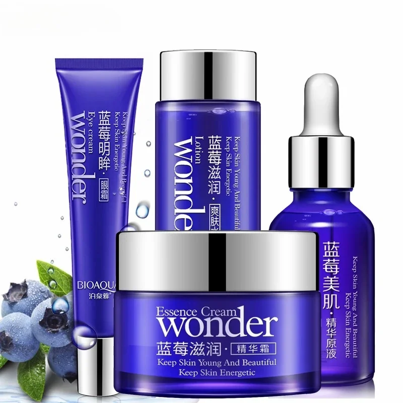 BIOAQUA 4PCS/lot Blueberry Moisturizing Skin Care Face Cream+Essence Liquid+Toner+Eye Cream Facial Care Set Whitening Hydrating