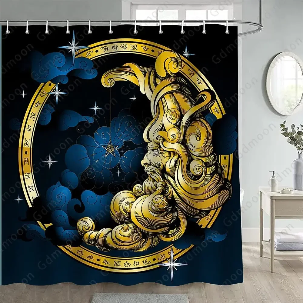 Mandala Celestial Shower Curtain Boho Moon Star Black and White Waterproof Polyester Fabric Bathroom Curtains Home Decor Hooks