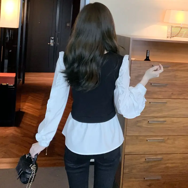 Fake Two Piece Patchwork Contrast Blouse Spring Autumn New Long Sleeve Pleated Elegant Shirt Tops Fashion Korean Women Clothing