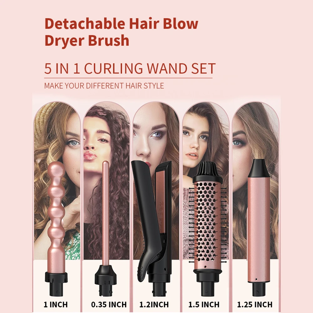 Dual Voltage Hair Curler 5 in 1 Curling Iron Set Thermal Straightening Brush Interchangeable Barrels Ceramic Curling Wand - Image 2