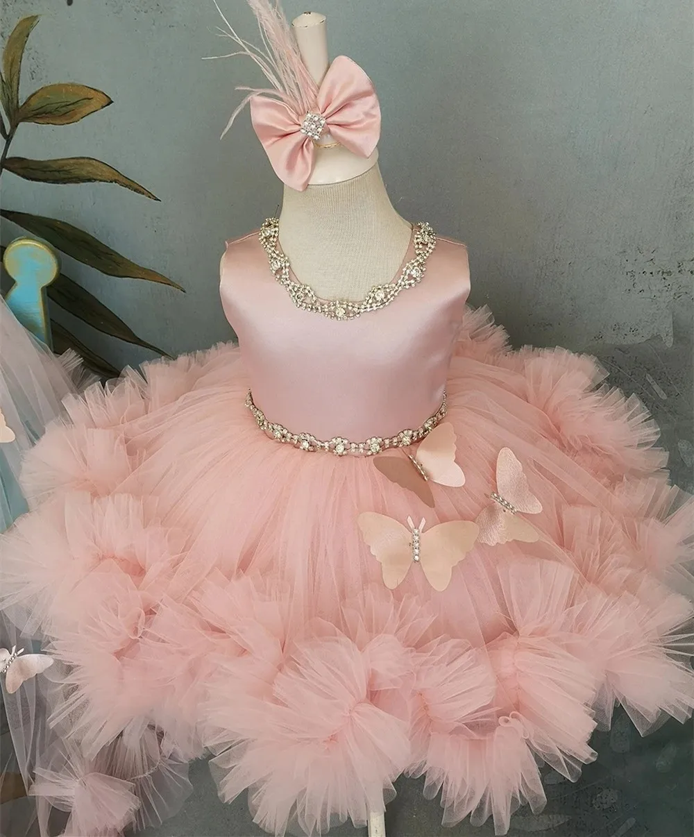 Vestido rosa de flores para niña, traje de tul con diamantes de imitación, mariposa hinchada, fiesta de cumpleaños, boda, vestido de baile con volantes, bata de desfile para niño