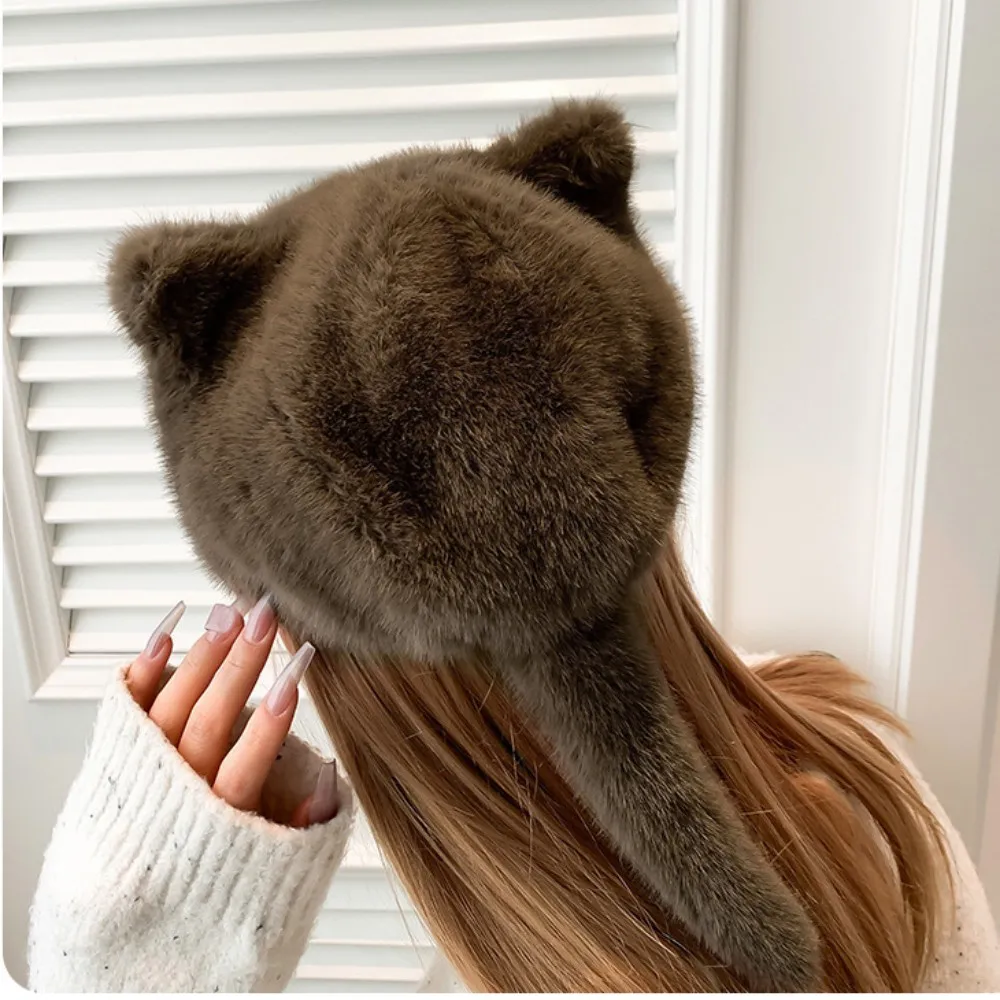 Fashion False Mink Fur Baseball Cap Winter Warm Soft Plush Hat Women Cute Cat Ear Hats Casual Windproof Hat Creative Tail Caps