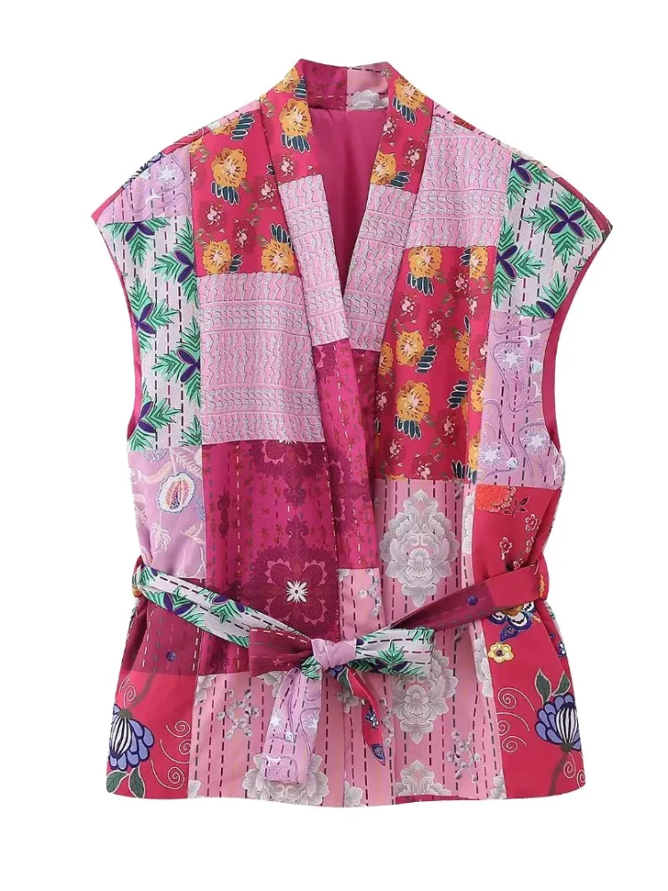 Gilet senza maniche da donna con stampa floreale rosa moda 2024 con cintura gilet trapuntato corto con scollo a v dolce 2024 gilet New Lady Chic