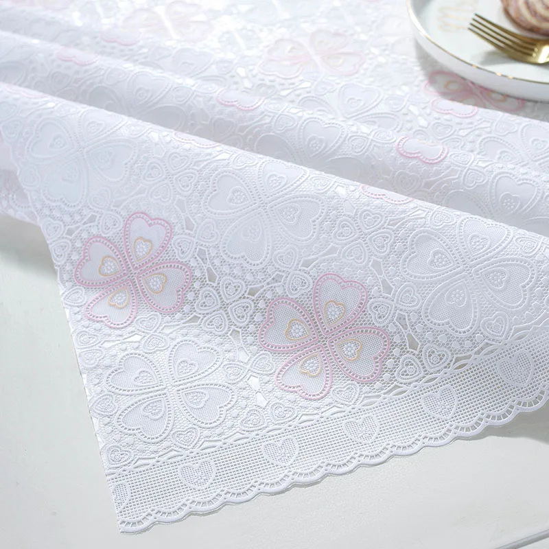 PVC Lace Tablecloth Waterproof Washable and Erasable Table Linen Tea Table Cloth Rectangular Table Cover Whitepink