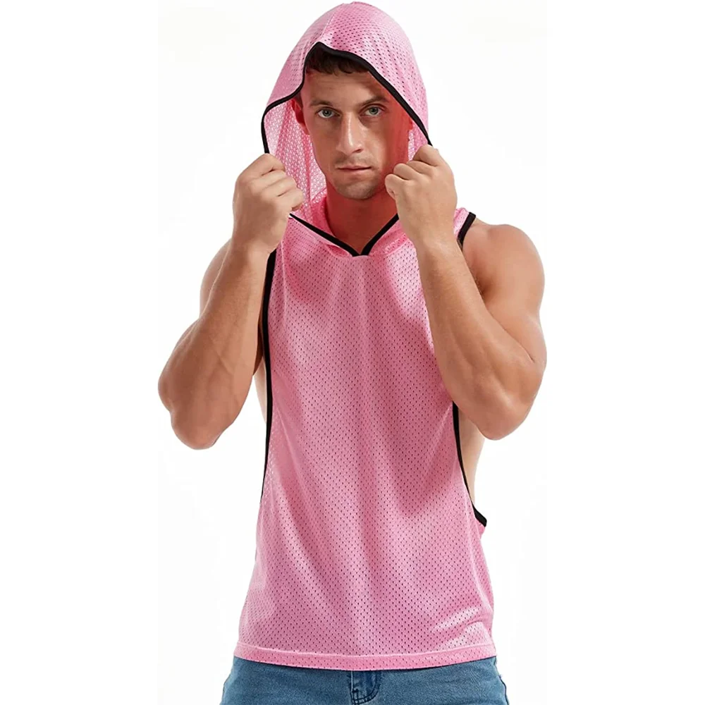 FIROTTII Mens Sexy Mesh Sleeveless Vest Muscle Hoodie Backless Tank Top