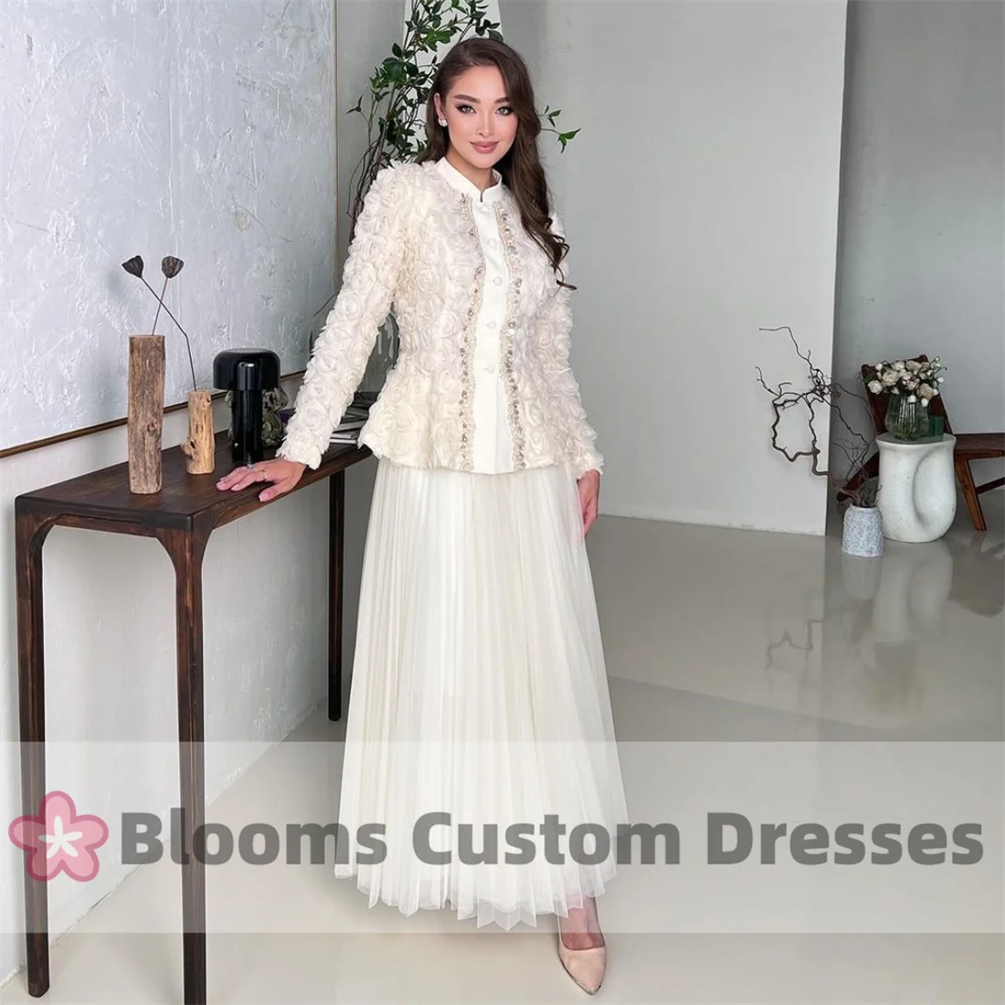 Blooms Customized Beaded Floral Lace Exquisite Evening Dress For Women Pleated A-Line Prom Dresses Beadings Formal Party Dresses