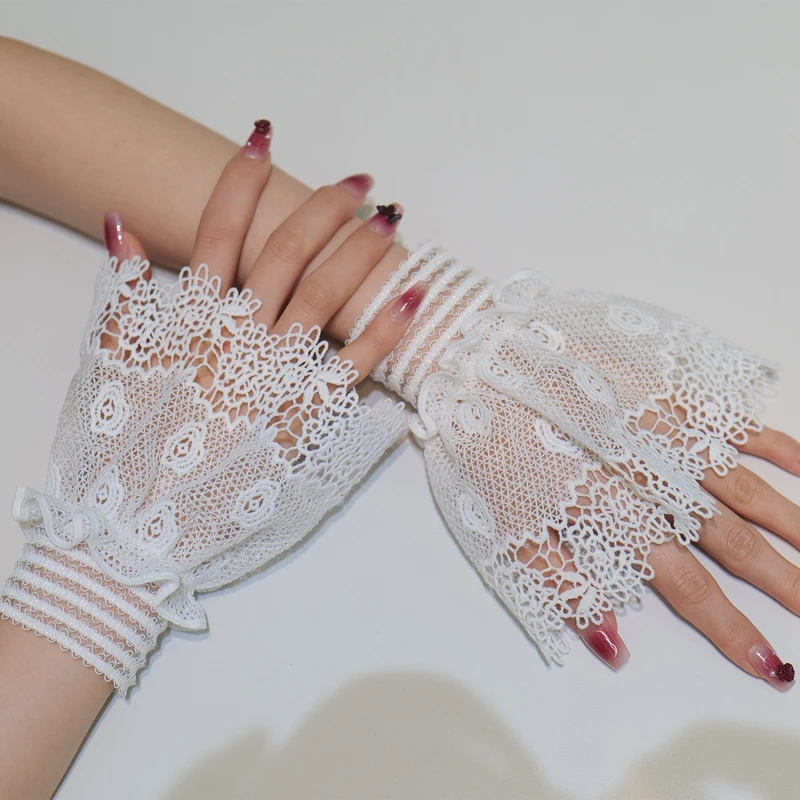 Lolita Detachable Hand Sleeves Bridal Wrist Decorative Fake Cuffs Lace Fingerless Gloves For Cosplay Party