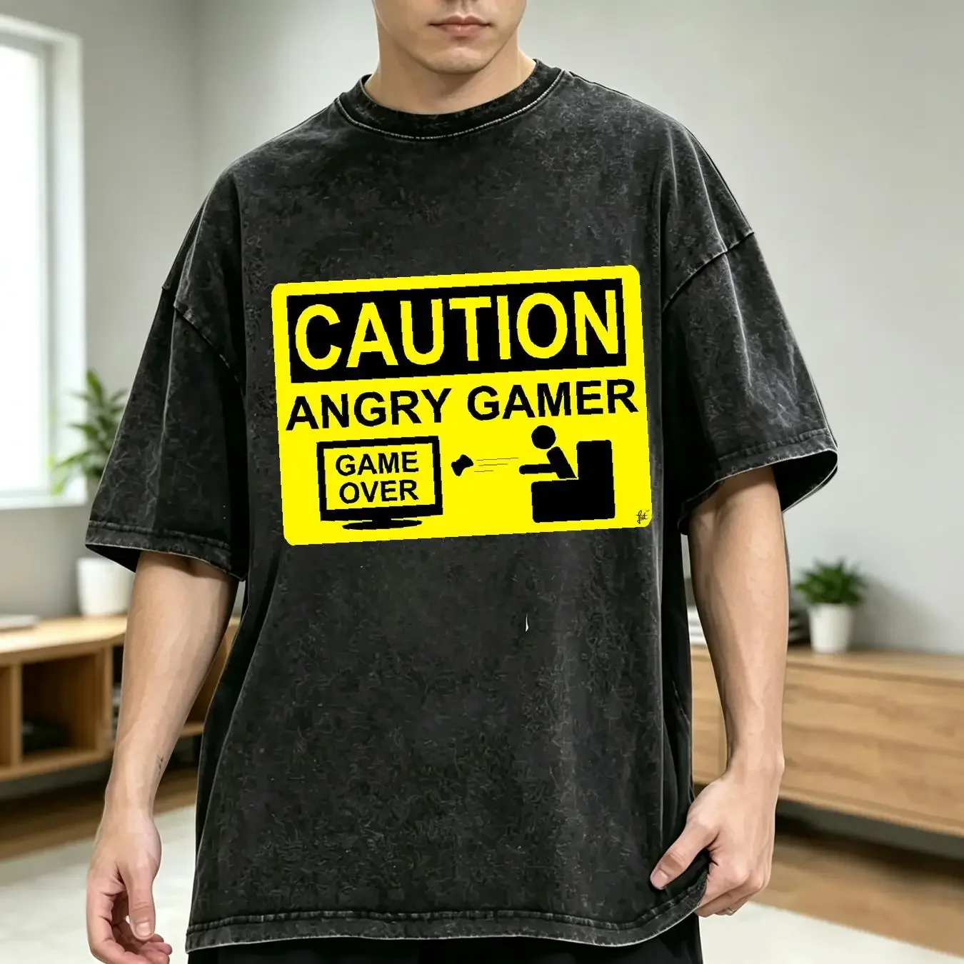 washed T Shirt Caution Angry Gamer Warning Sign Game Over Lost Kids Boys vintage Washed Top For Everyday Wear Stretched Unisex