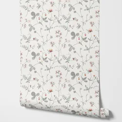 Scandinavian Style Wallpaper Morgongåva, FLoral Wallpaper with Botanic Branches and Grey Leaves with light back