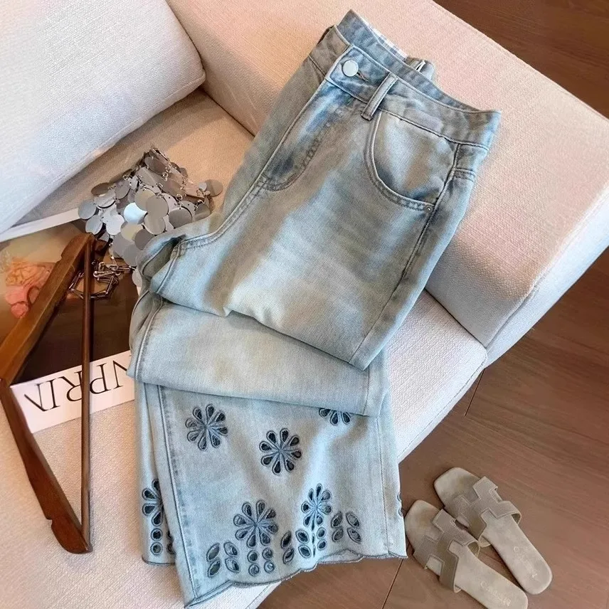 Y2K Women Embroidered Lace Denim Jeans Hollow Out Design High Waist Slim Wide Leg Cropped Pants Summer Thin Fit