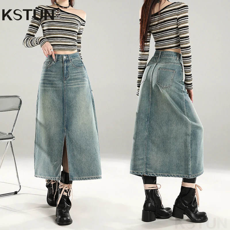 

KSTUN 2026 Весна-Лето Корейская женская джинсовая юбка миди с высокой талией, свободного кроя, модная женская юбка с разрезом, винтажный уличный стиль