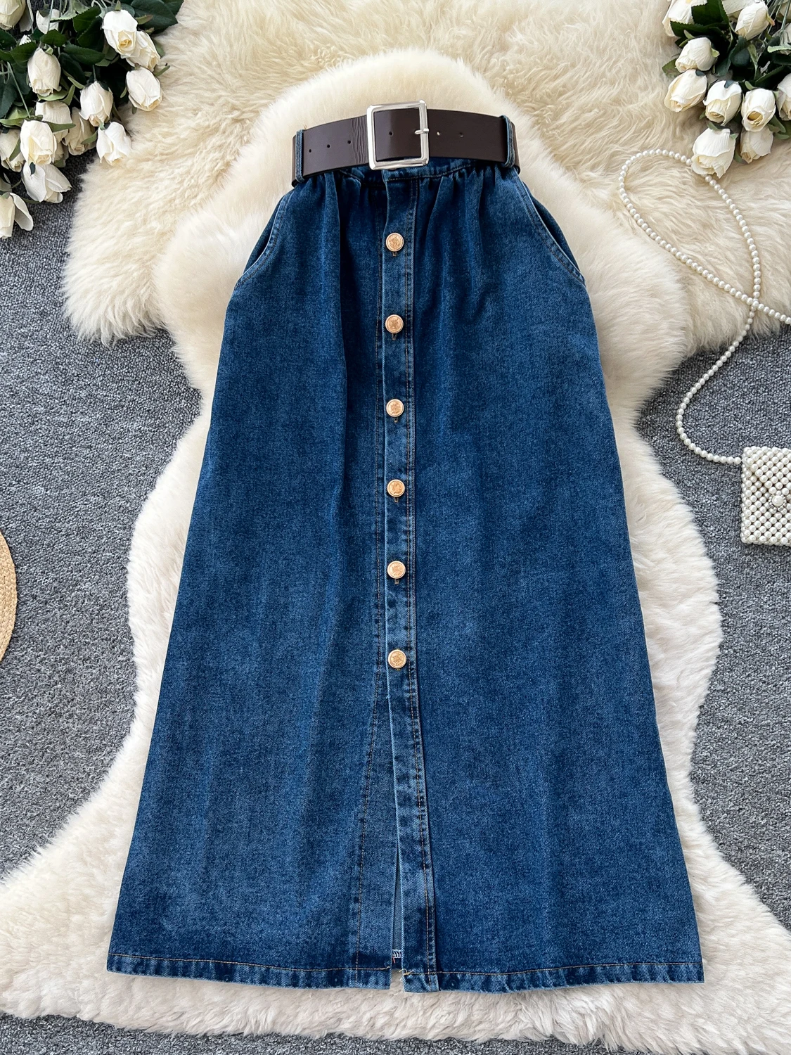 Retro Style A-Line Sexy Slit  Skirt Women's Summer Single Button Elastic Waist Hip Covering Long Skirt Denim Material
