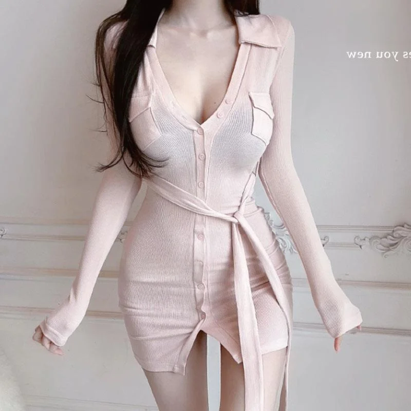 فستان ضيق مثير بفتحة وشاح، تصميم عملي بخصر متوسط، أكمام عادية، أكمام طويلة، تنورة قصيرة، لون نقي، ياقة بولو. #2