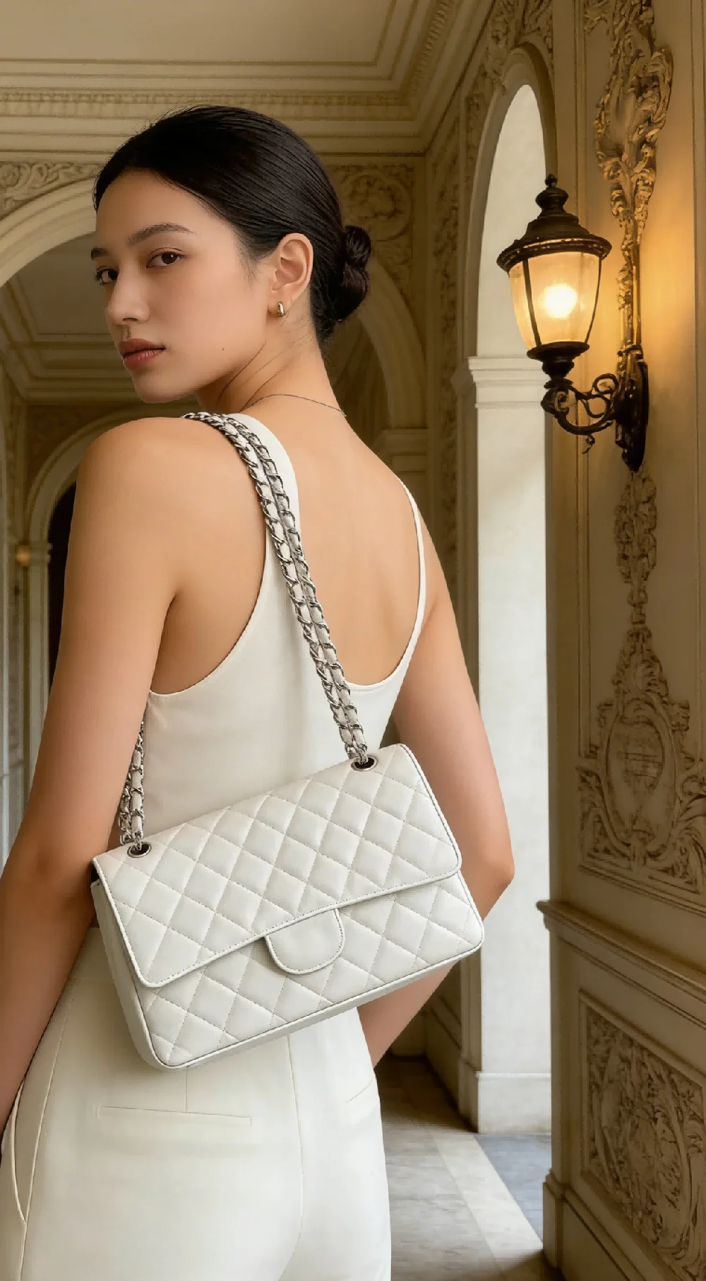 

Classic White Quilted Satchel, Elegant Crossbody Sling Bag, Timeless Daily Handbag with Quilted Detail for Office