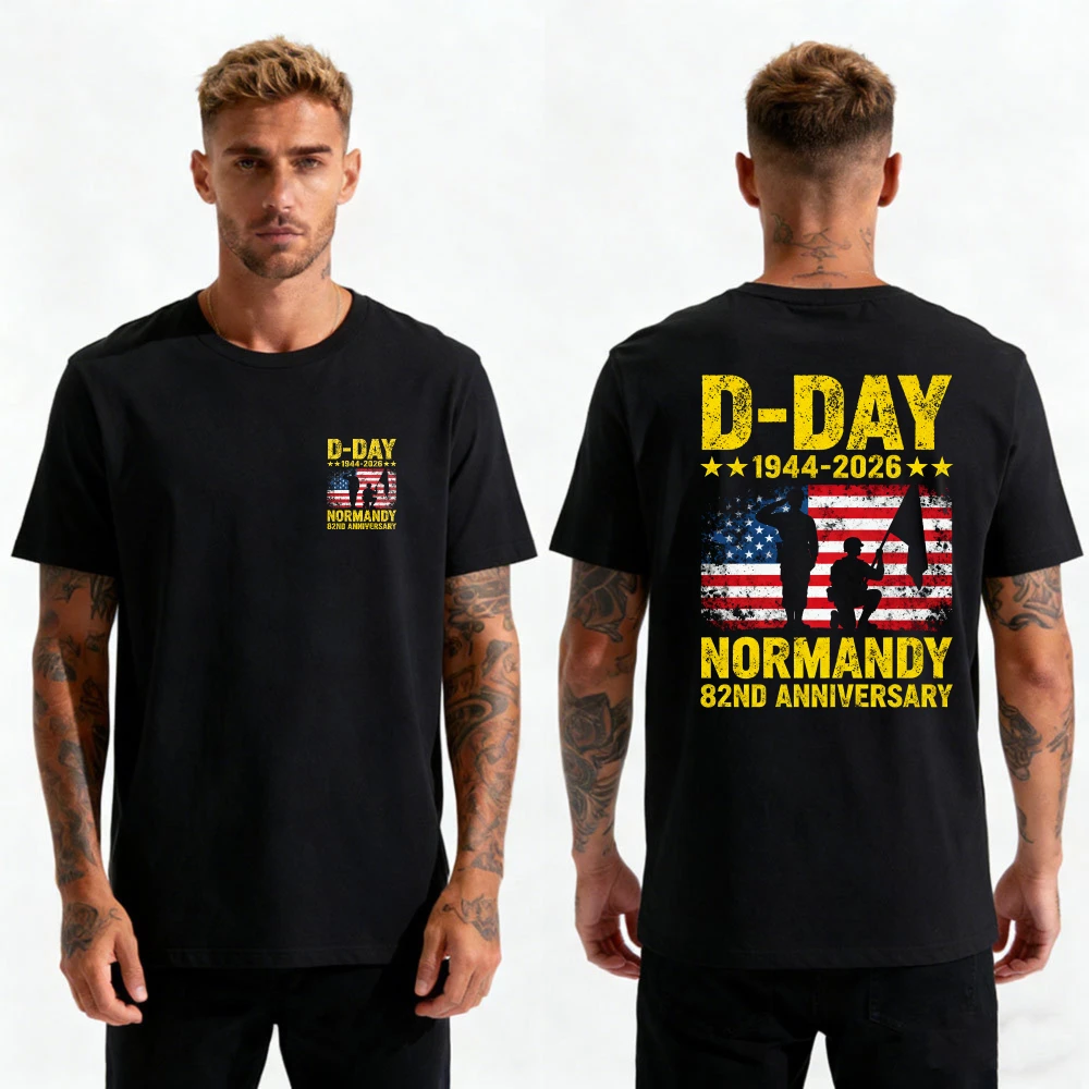 D-Day Normandy 82nd Anniversary 1944-2026 Men T-Shirt US Flag Vintage Print Double-Sided Patriotic Cotton Tee Men Clothing