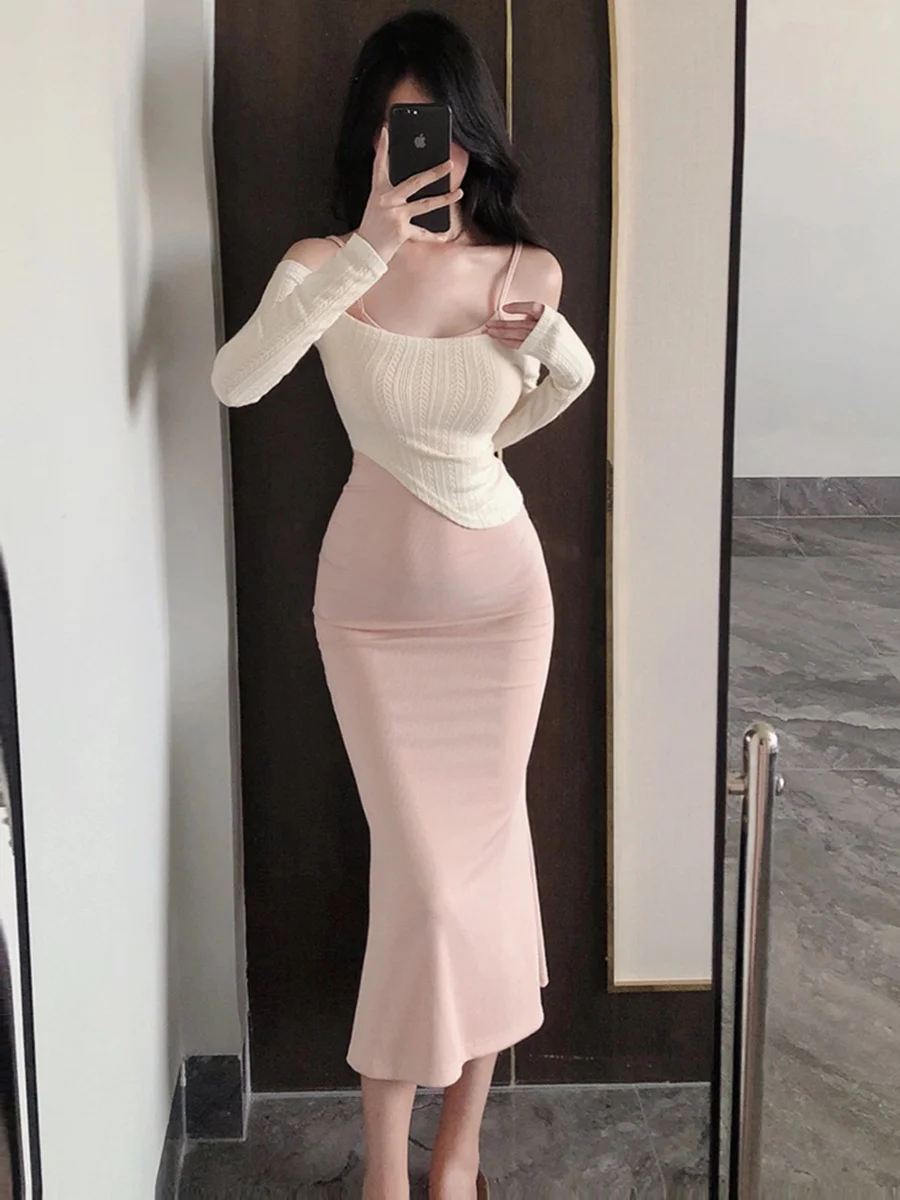 Sexy Strapless Bodycon Dress Women's Autumn Long Skirt Two-Piece Set Sleeve Long Slant Collar Other Material 00% Sister Sle