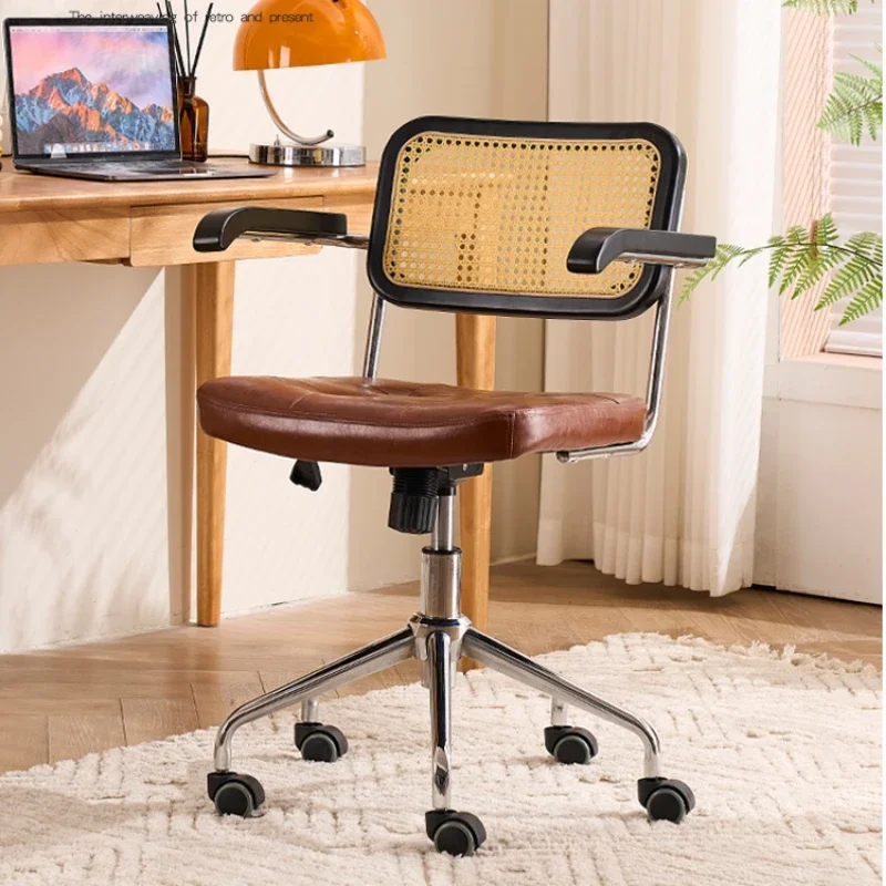 

Home Rattan Computer Chair Vintage Office Seat Adjustable Steel Legs Armrest Chair Artistic Leisure Swivel Chair