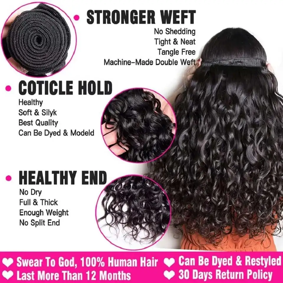 Paquetes de cabello humano water wave, rizado profundo, 3 paquetes, brasileño negro natural, Remy, cabello humano natural 3