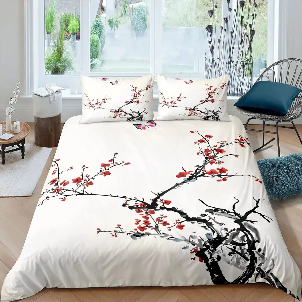 Plum Blossom Bedding Red Flower Floral Comforter Cover for Kids Girls Teens Women Butterfly Branches Duvet Cover Ink Style Decor