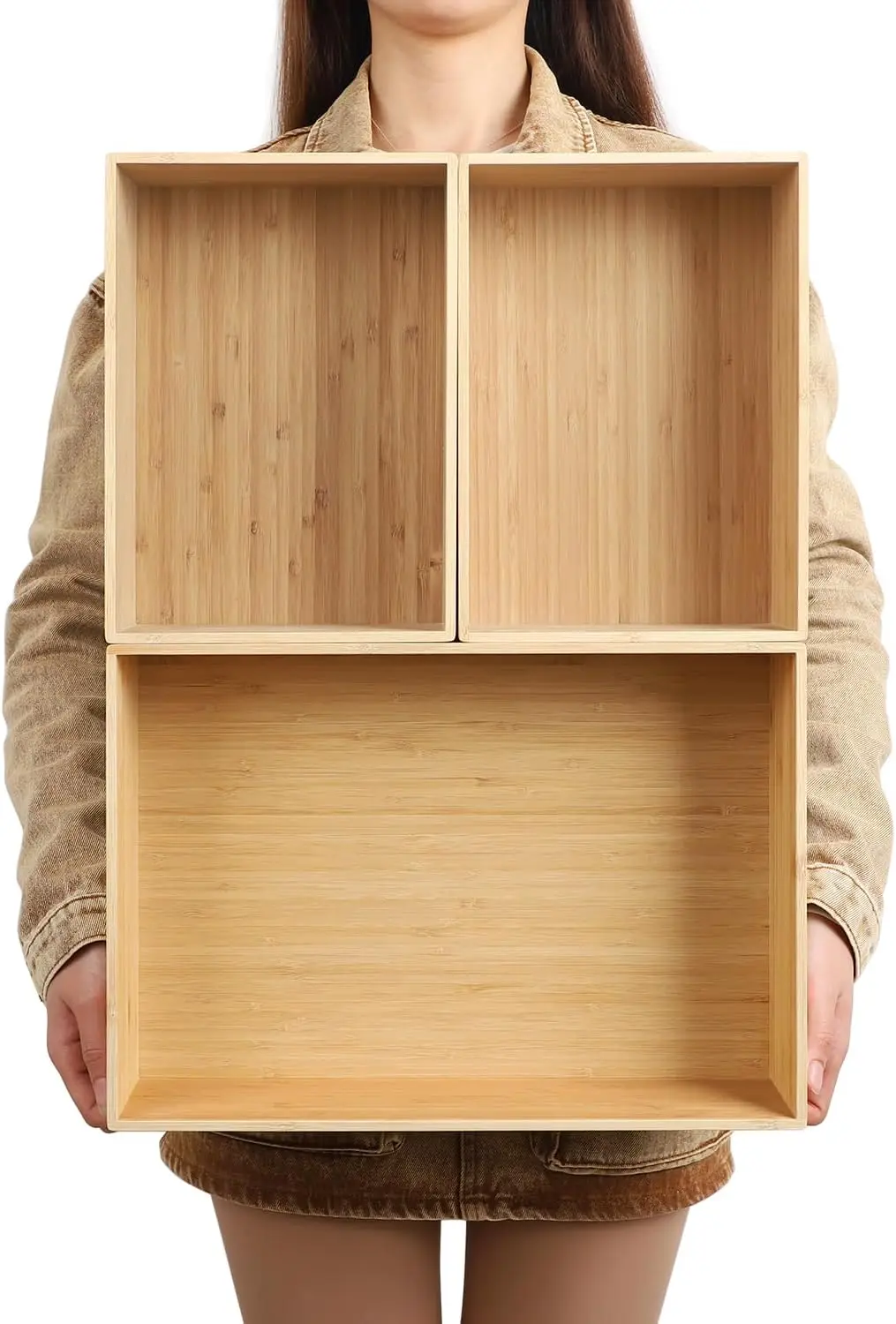 

3-Piece Large Bamboo Storage Box Set - 7.1in High Stackable Deep-Drawer Organizer, Lidless Bamboo Bin