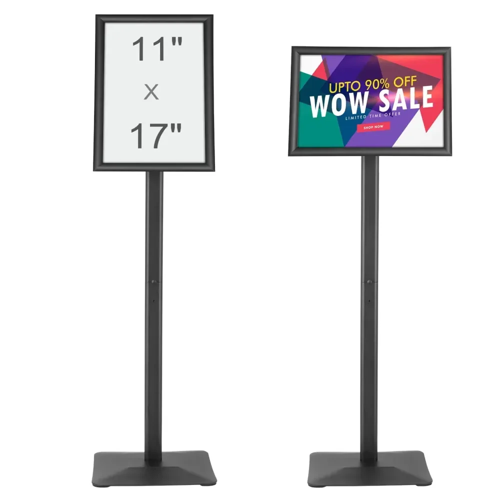 

11x17 Inch Pedestal Sign Holder: Adjustable (Vert/Horz) Heavy-Duty Metal Base Stand Black