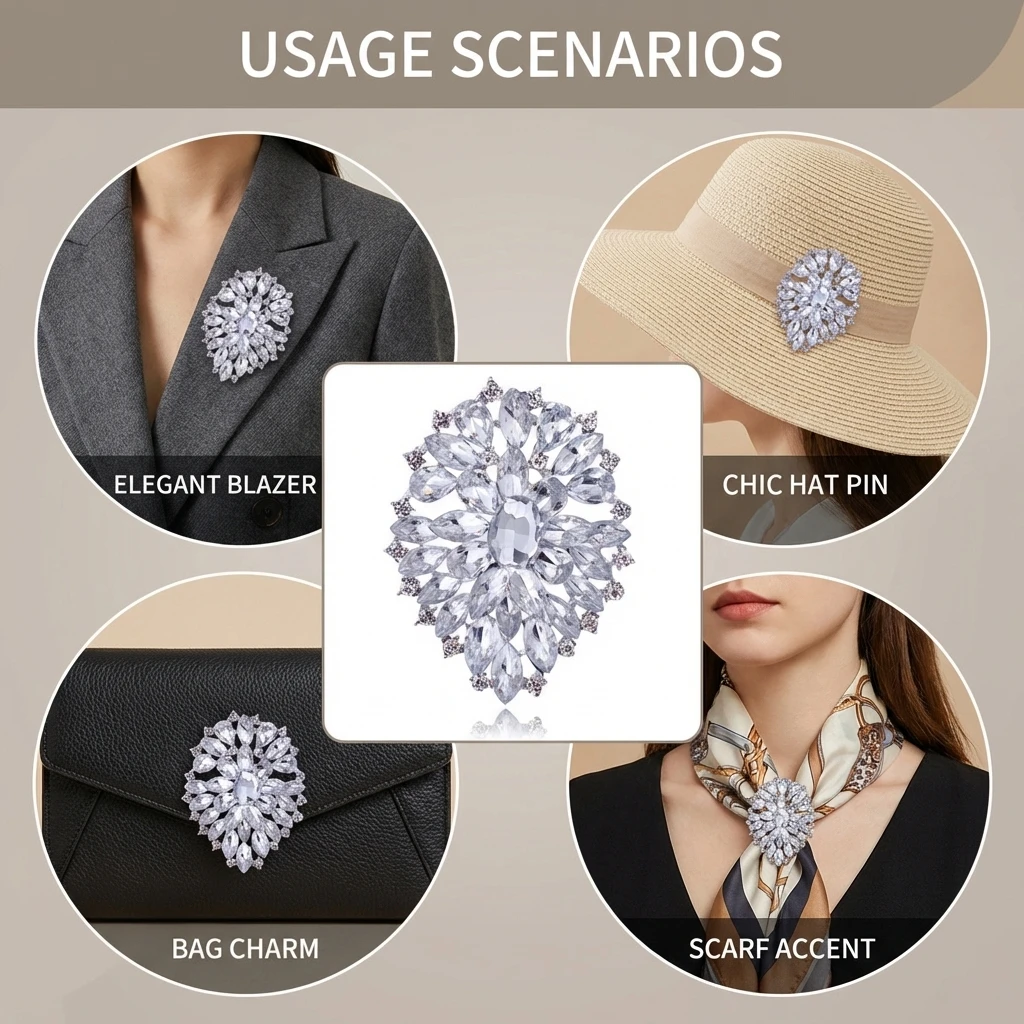 Image 6: Broche en alliage de zinc avec strass et verre, épingle à cravate en cristal, design élégant et durable pour les soirées, les affaires et les femmes.