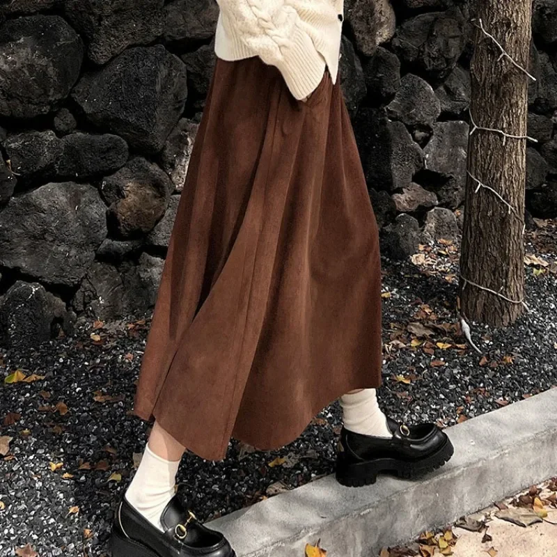 Skirts Women Corduroy Elegant Lady Vintage Spring Autumn Solid High Waist Harjuku Faldas All-match Temperament Mid-calf Design