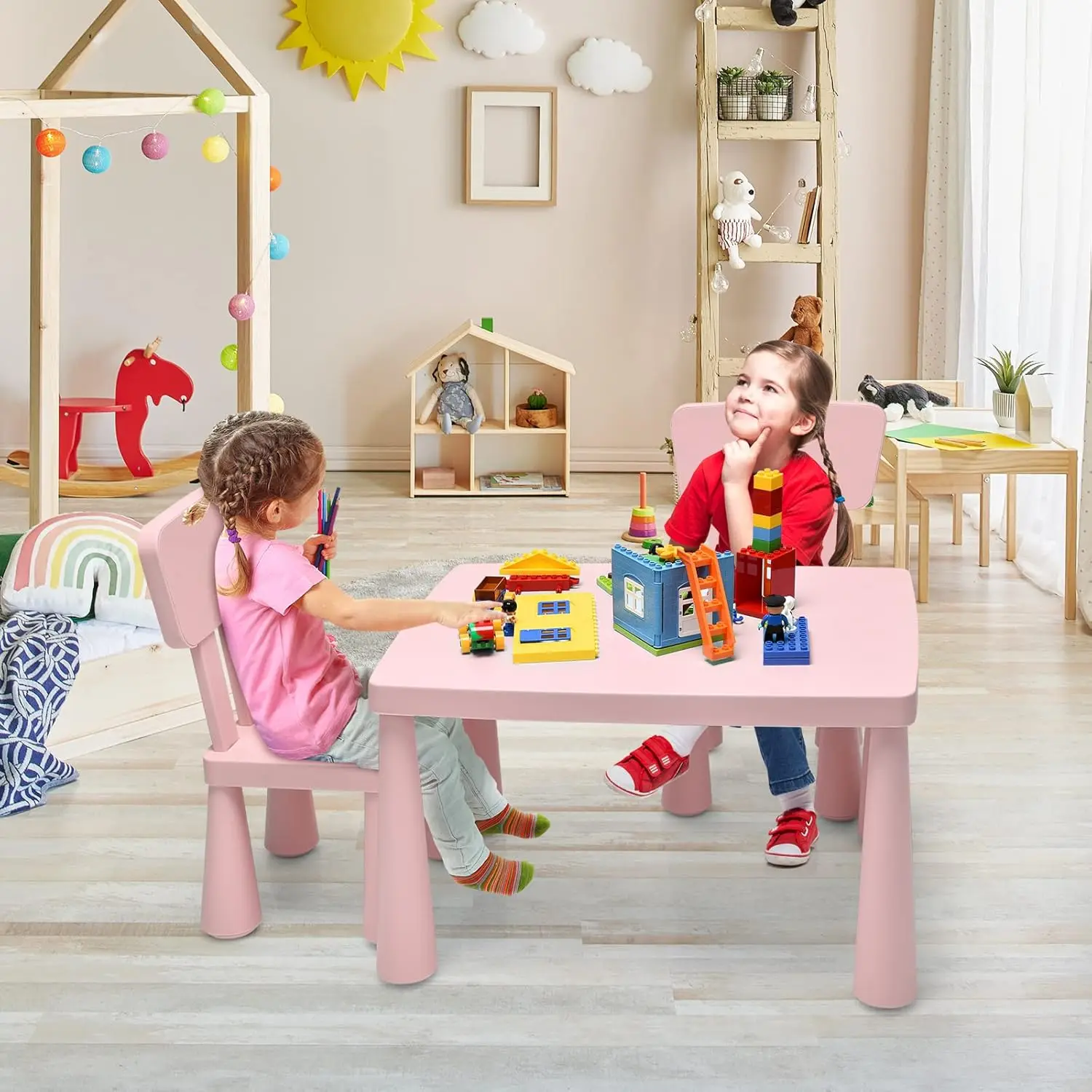 Kids Table and Chair Set, Plastic Children Activity Table and 2 Chairs for Art Craft, Easy-Clean Tabletop, 3-Piece Toddler F