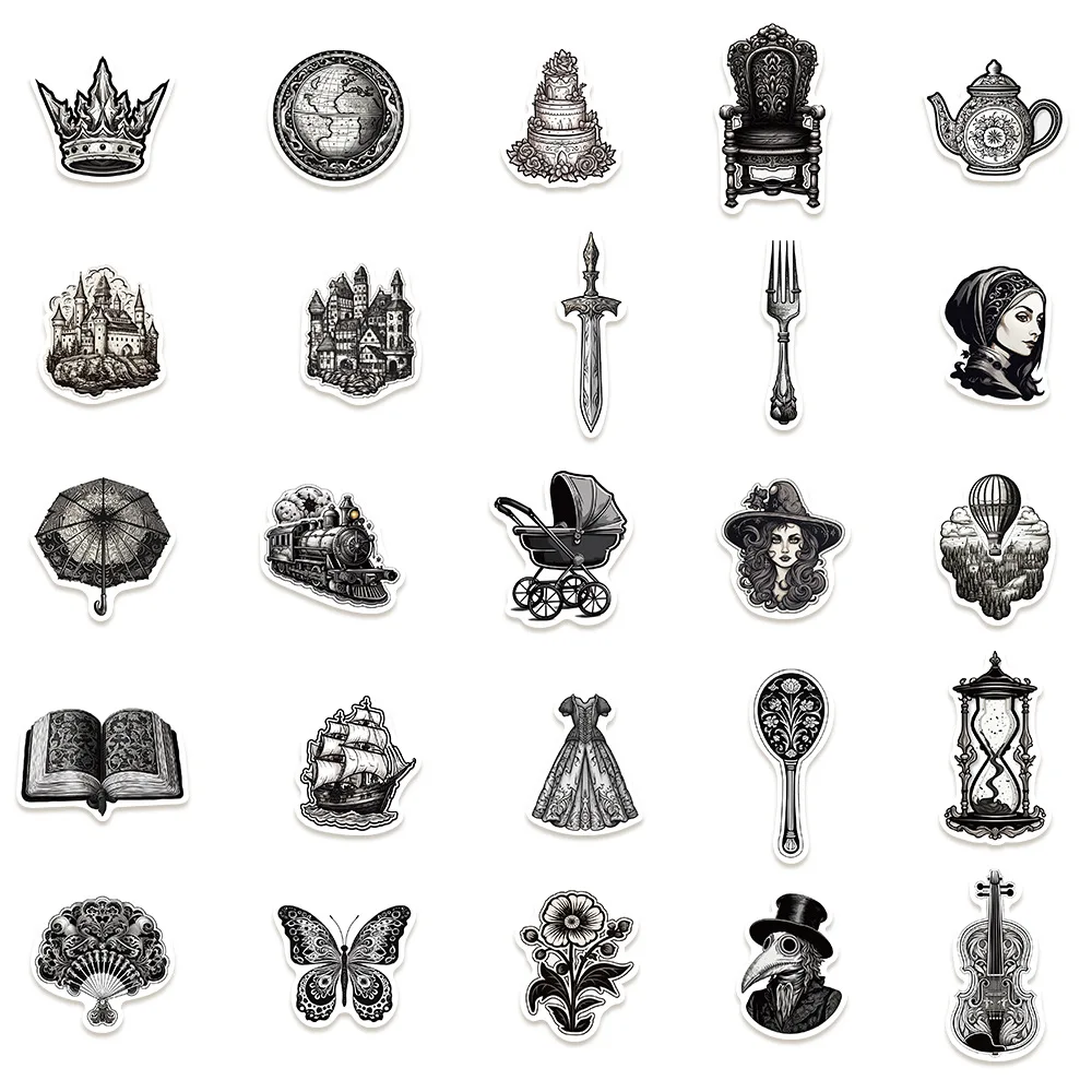 50pcs Retro Black and White Medieval Series Graffiti Stickers Suitable for Helmets Desktop Wall Decoration DIY Sticker Pack