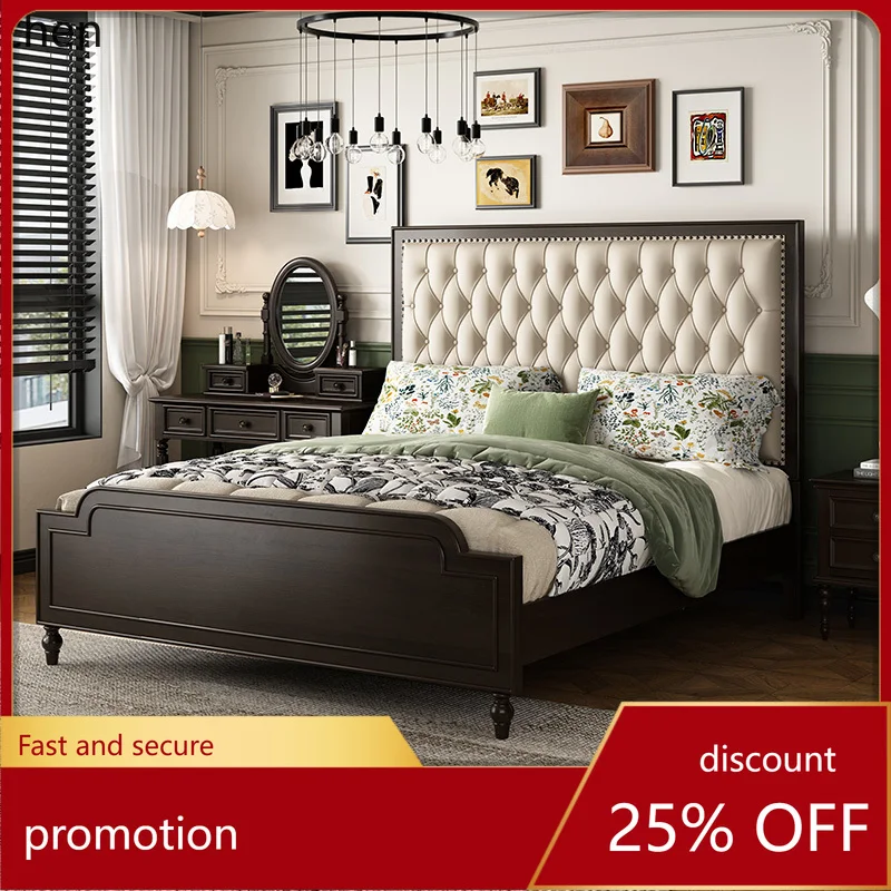 

HXL Pure Solid Wood Double Bed Master Bedroom Vintage Genuine Leather Soft Backrest Bed